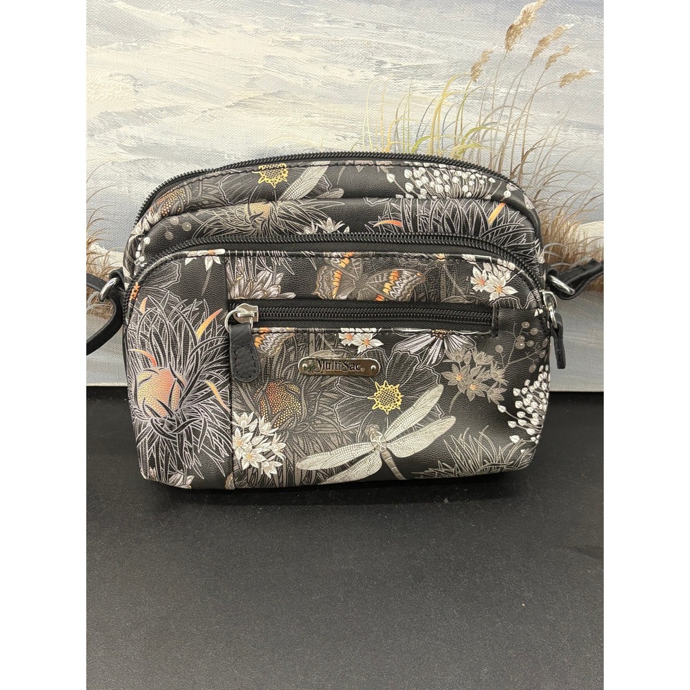 MultiSac Dragonfly Floral Print Crossbody Bag Black Multi Pocket Organizer